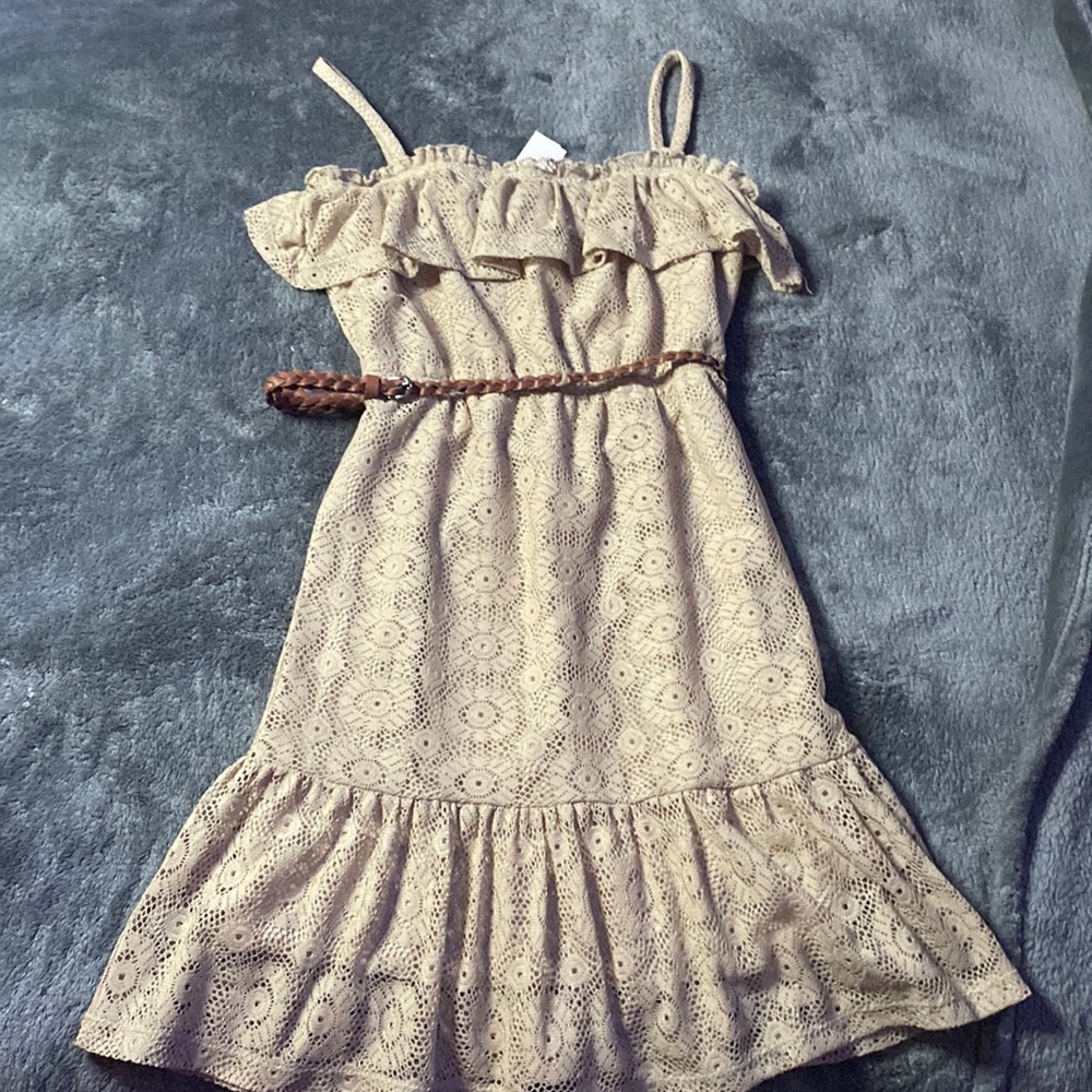 Beige sun dress with cute adjustable deep brown belt.